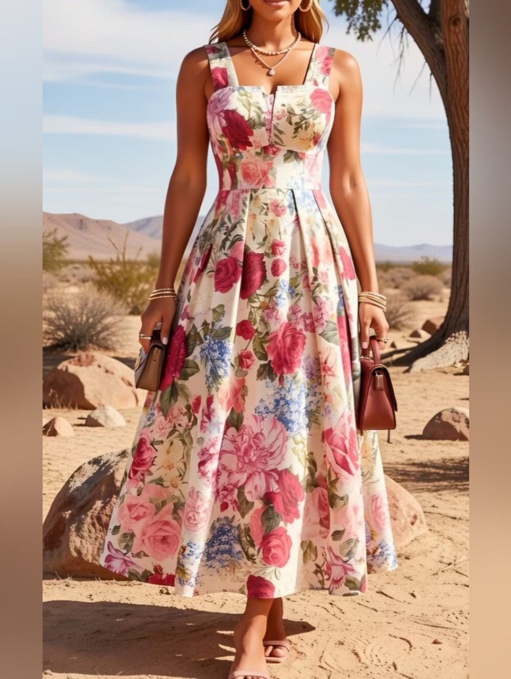 NEW ARRIVAL Floral Midi Sundress in Pink and Cream Recieved XXL PRETTY DRESS